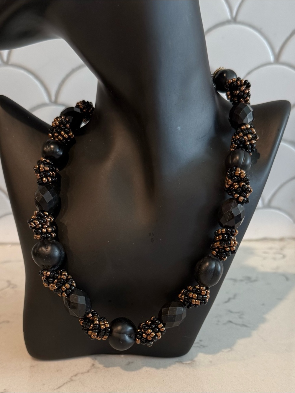 Vintage Signed Liz Claiborne Black Gold Beaded Necklace